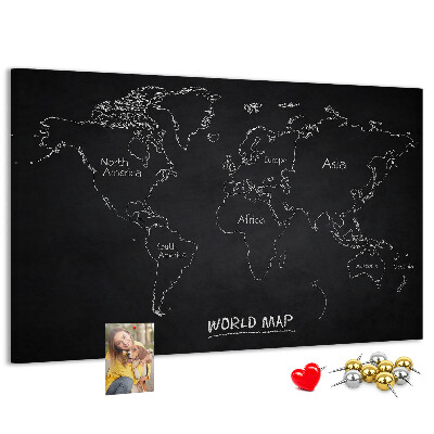 Lavagna di sughero mappa del mondo su sfondo nero