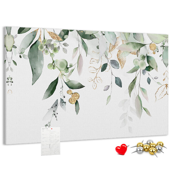Lavagna di sughero con stampa di foglie delicate in diverse tonalità di verde