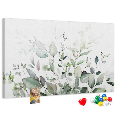 Bacheca in sughero con stampa a foglie delicate in varie tonalità di verde