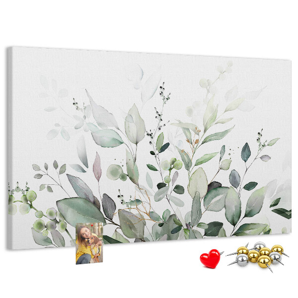 Bacheca in sughero con stampa a foglie delicate in varie tonalità di verde