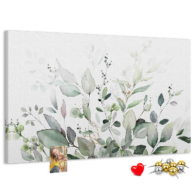 Bacheca in sughero con stampa a foglie delicate in varie tonalità di verde