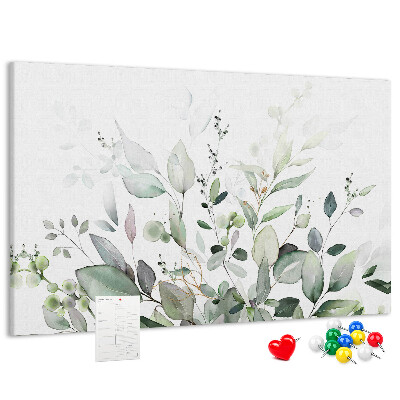 Bacheca in sughero con stampa a foglie delicate in varie tonalità di verde