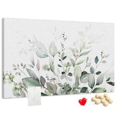 Bacheca in sughero con stampa a foglie delicate in varie tonalità di verde