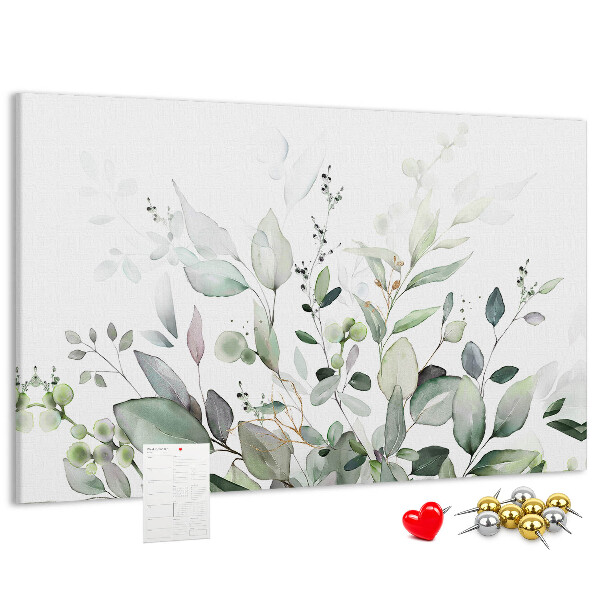 Bacheca in sughero con stampa a foglie delicate in varie tonalità di verde