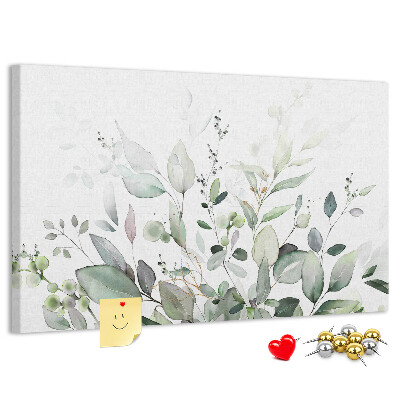 Bacheca in sughero con stampa a foglie delicate in varie tonalità di verde