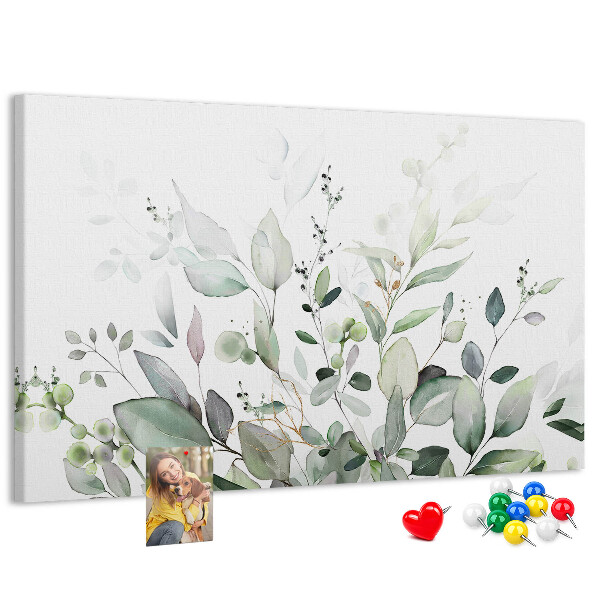 Bacheca in sughero con stampa a foglie delicate in varie tonalità di verde