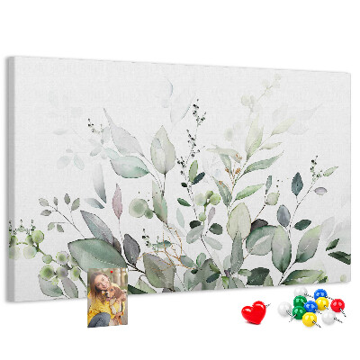 Bacheca in sughero con stampa a foglie delicate in varie tonalità di verde