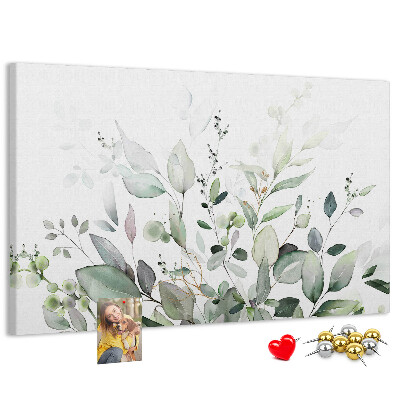 Bacheca in sughero con stampa a foglie delicate in varie tonalità di verde