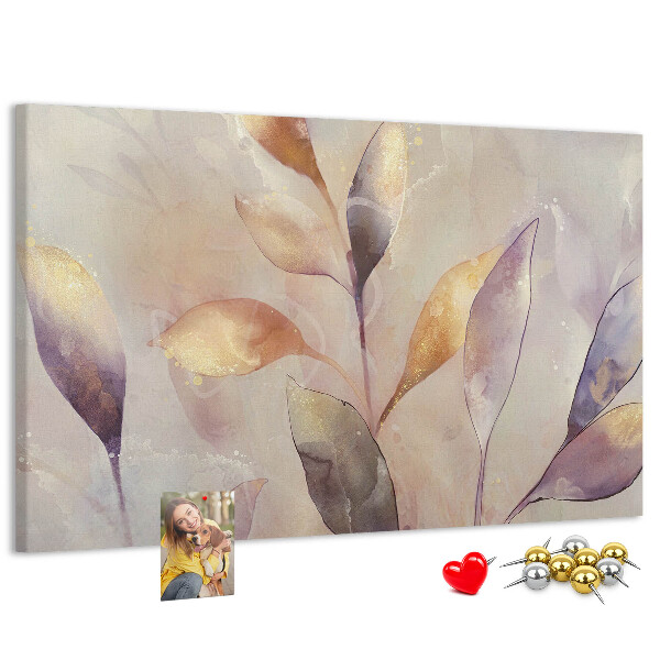 Bacheca in sughero con design a foglie delicate dalle tonalità pastello