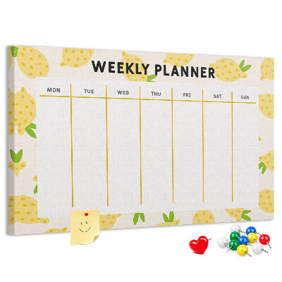 Bacheca in sughero con calendario settimanale e motivo a limoni