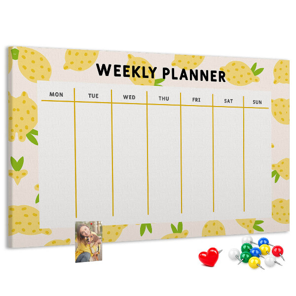 Bacheca in sughero con calendario settimanale e motivo a limoni