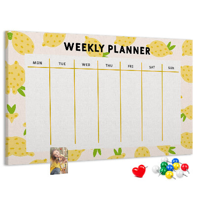 Bacheca in sughero con calendario settimanale e motivo a limoni