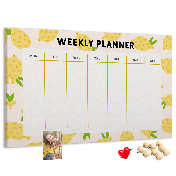 Bacheca in sughero con calendario settimanale e motivo a limoni