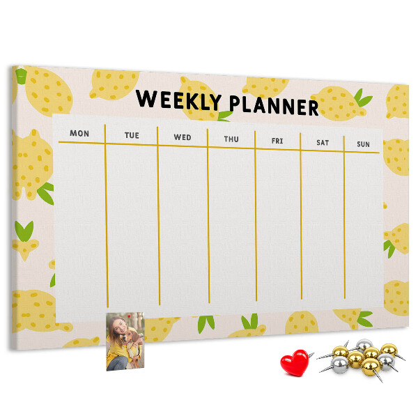 Bacheca in sughero con calendario settimanale e motivo a limoni