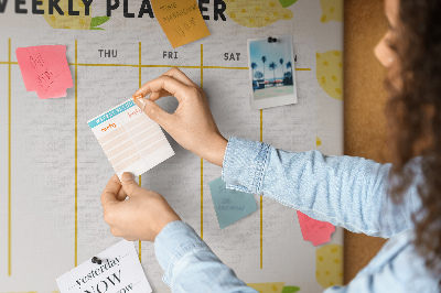 Bacheca in sughero con calendario settimanale e motivo a limoni