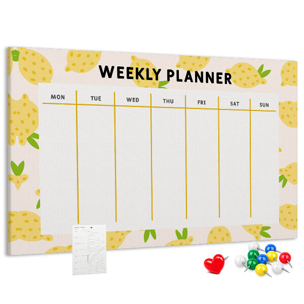 Bacheca in sughero con calendario settimanale e motivo a limoni