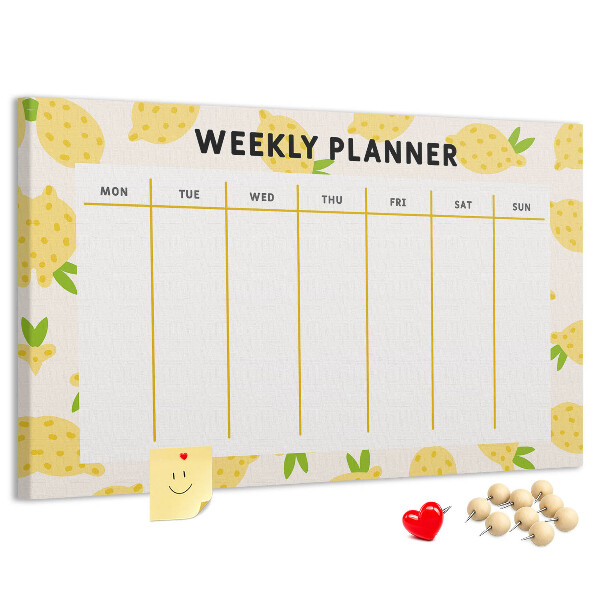 Bacheca in sughero con calendario settimanale e motivo a limoni