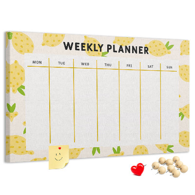 Bacheca in sughero con calendario settimanale e motivo a limoni