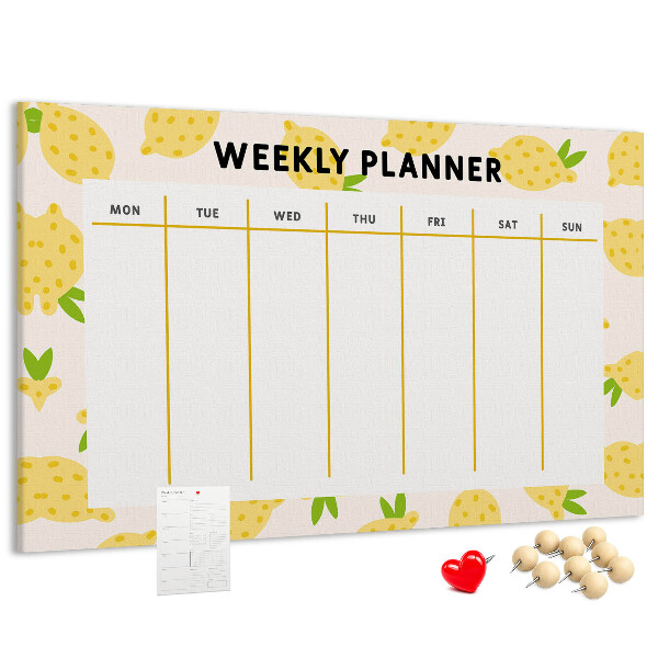 Bacheca in sughero con calendario settimanale e motivo a limoni
