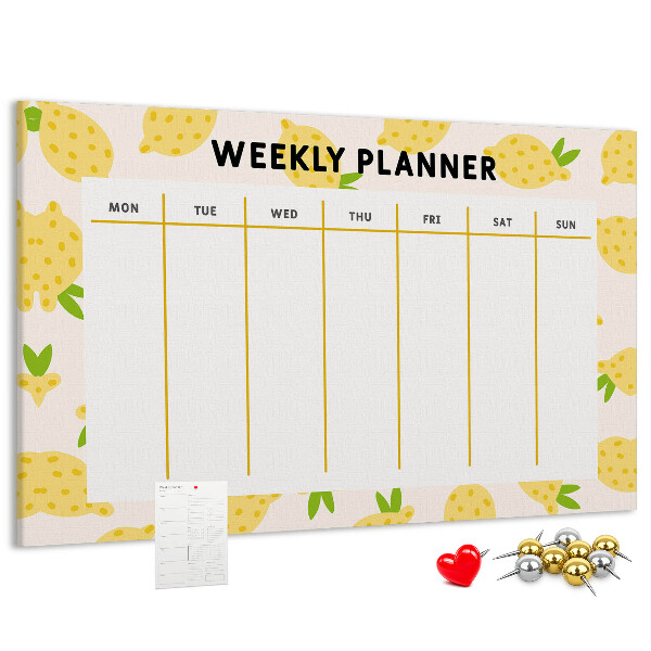 Bacheca in sughero con calendario settimanale e motivo a limoni