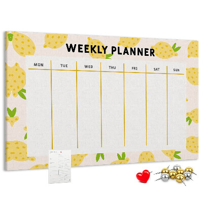 Bacheca in sughero con calendario settimanale e motivo a limoni