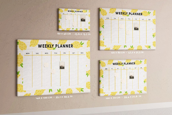 Bacheca in sughero con calendario settimanale e motivo a limoni