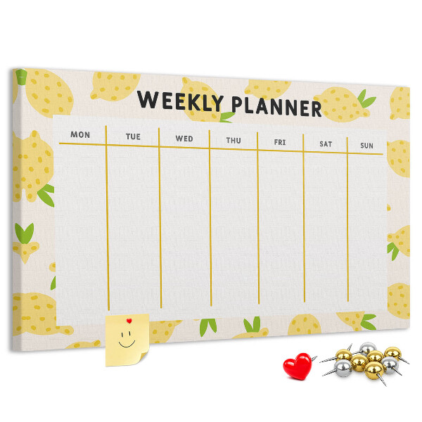 Bacheca in sughero con calendario settimanale e motivo a limoni