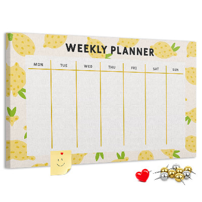 Bacheca in sughero con calendario settimanale e motivo a limoni