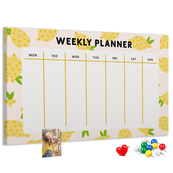 Bacheca in sughero con calendario settimanale e motivo a limoni
