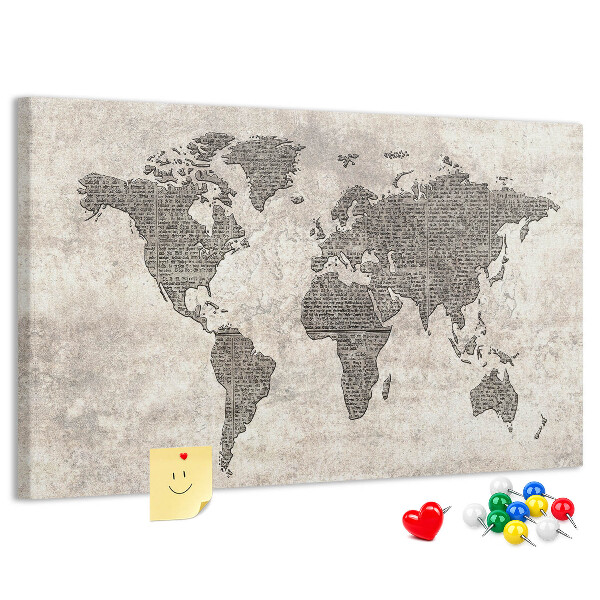 Lavagna di sughero mappa del mondo con texture di giornale