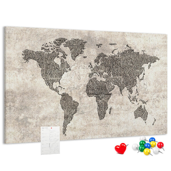 Lavagna di sughero mappa del mondo con texture di giornale