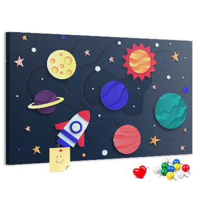Lavagna di sughero con stampa a tema viaggio spaziale tra pianeti colorati