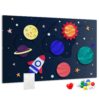 Lavagna di sughero con stampa a tema viaggio spaziale tra pianeti colorati