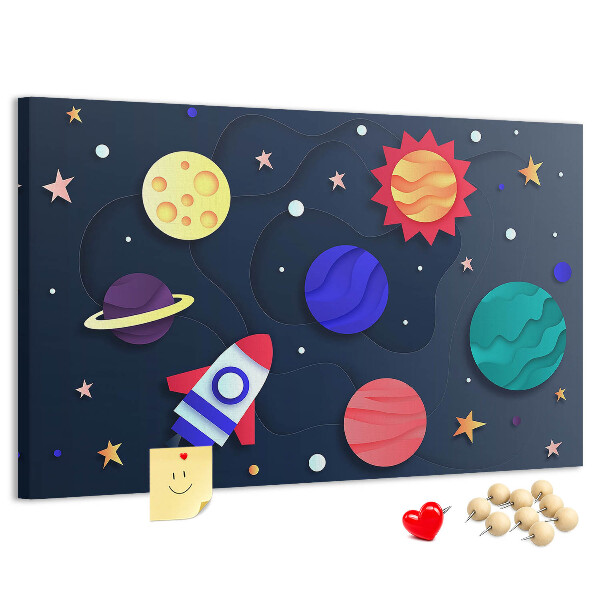 Lavagna di sughero con stampa a tema viaggio spaziale tra pianeti colorati