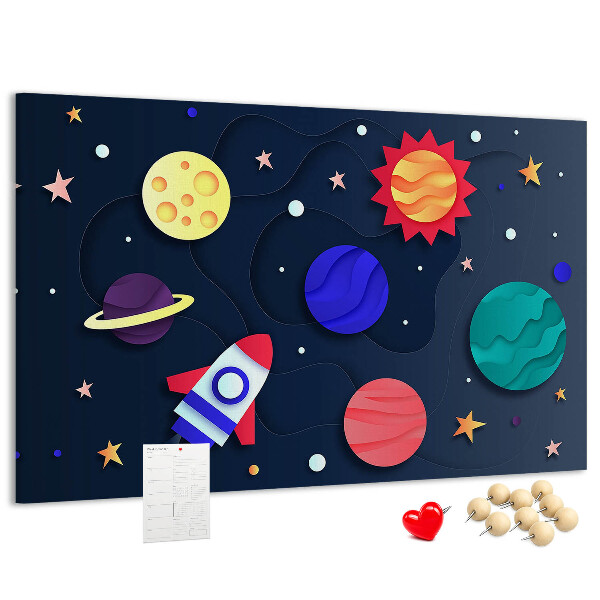 Lavagna di sughero con stampa a tema viaggio spaziale tra pianeti colorati