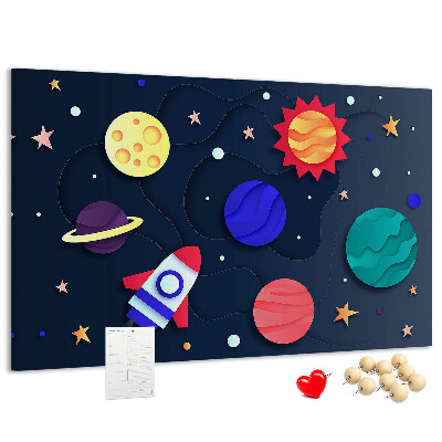 Lavagna di sughero con stampa a tema viaggio spaziale tra pianeti colorati