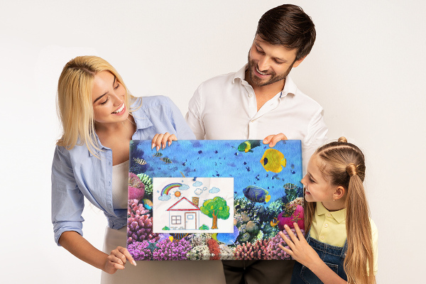 Bacheca in sughero con stampa di mondo tropicale, pesci e colori sottomarini