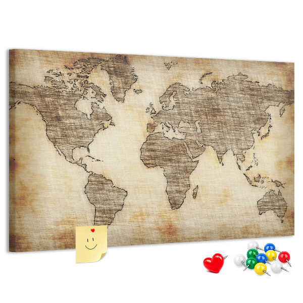 Bacheca in sughero con stampa di una vecchia mappa del mondo su tela