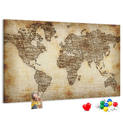 Bacheca in sughero con stampa di una vecchia mappa del mondo su tela