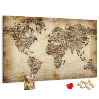 Bacheca in sughero con stampa di una vecchia mappa del mondo su tela