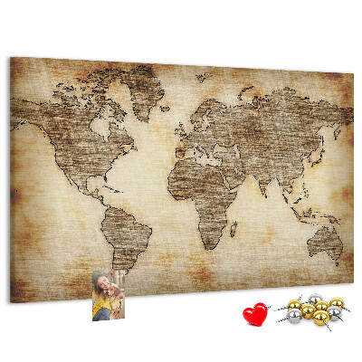 Bacheca in sughero con stampa di una vecchia mappa del mondo su tela