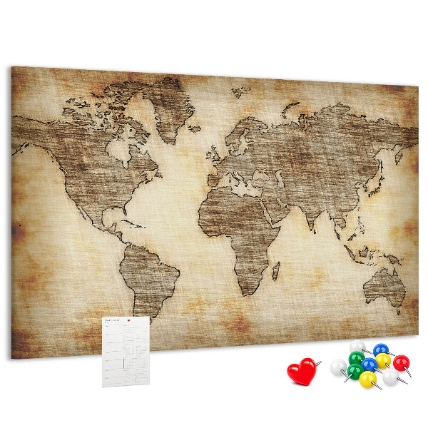 Bacheca in sughero con stampa di una vecchia mappa del mondo su tela