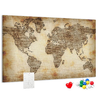 Bacheca in sughero con stampa di una vecchia mappa del mondo su tela