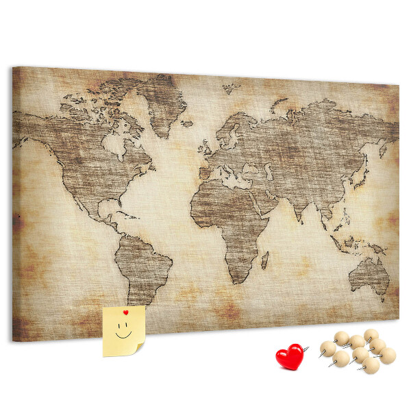 Bacheca in sughero con stampa di una vecchia mappa del mondo su tela