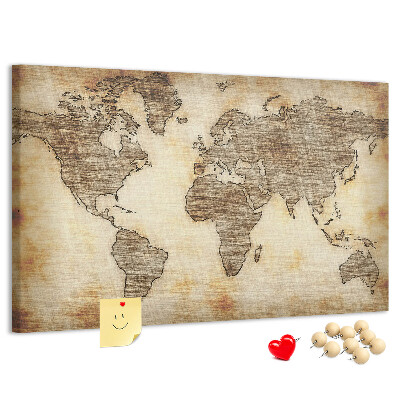 Bacheca in sughero con stampa di una vecchia mappa del mondo su tela