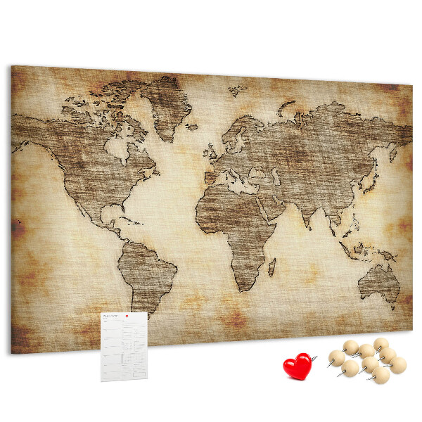 Bacheca in sughero con stampa di una vecchia mappa del mondo su tela