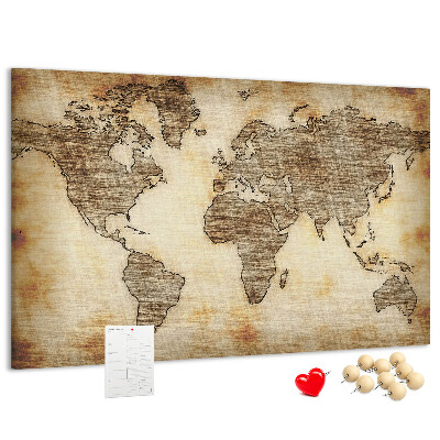 Bacheca in sughero con stampa di una vecchia mappa del mondo su tela