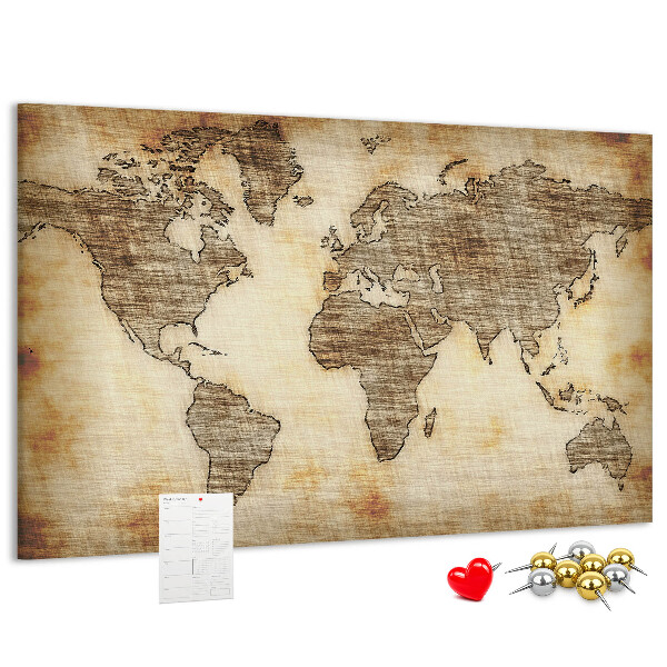 Bacheca in sughero con stampa di una vecchia mappa del mondo su tela