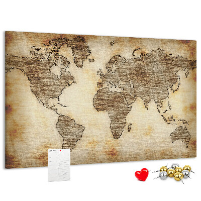 Bacheca in sughero con stampa di una vecchia mappa del mondo su tela