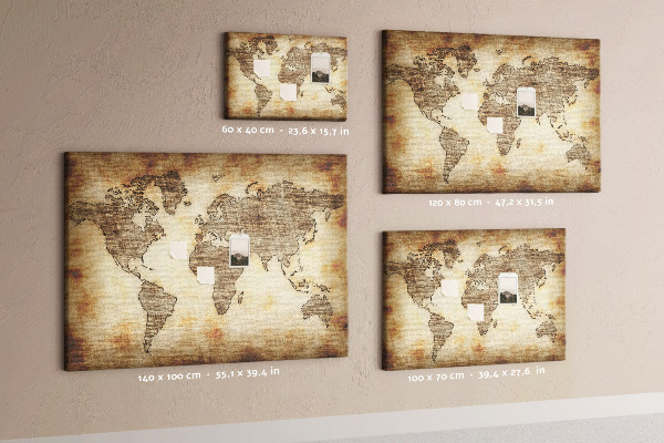 Bacheca in sughero con stampa di una vecchia mappa del mondo su tela